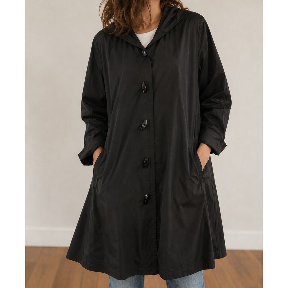 Janska Womens Black Hooded Swing Raincoat Jacket Toggle Front Made in USA Size S